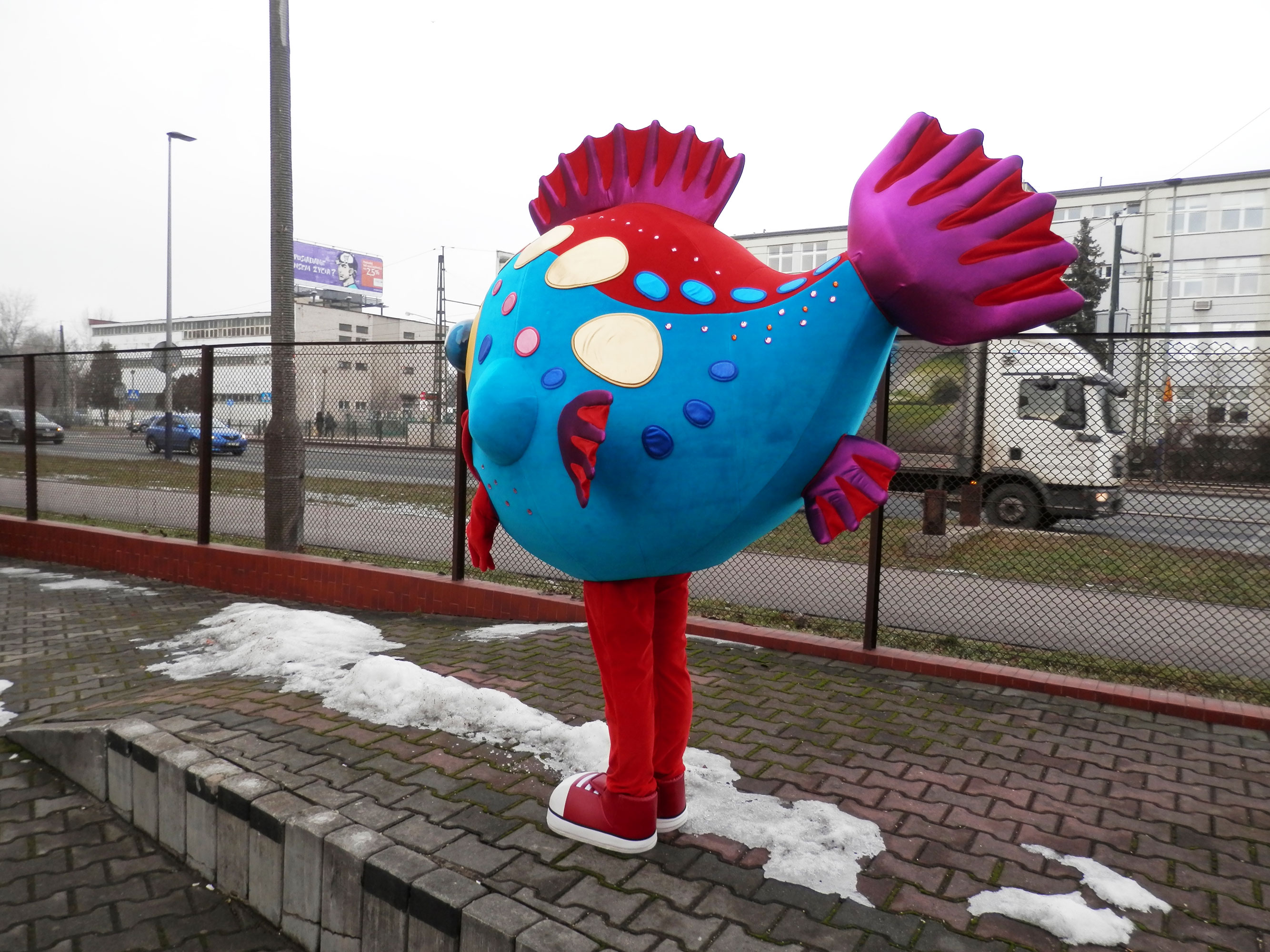 Na fotografii widnieje kostium promocyjny w kształcie ryby pozujący do zdjęcia na jednej z krakowskich ulic przed siedzibą firmy Elabika 